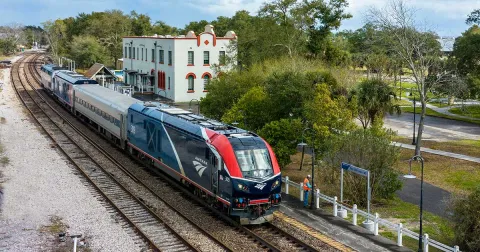 Amtrak train outside of station